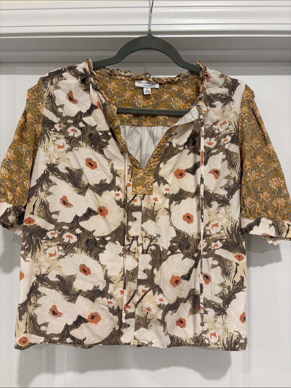 Current Air Cream Floral Patchwork Blouse with Mustard Sleeves